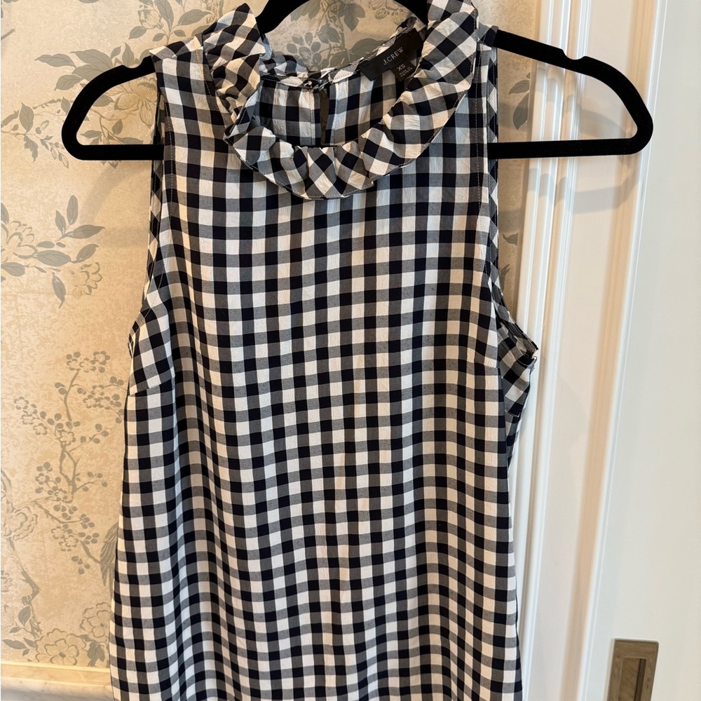 J.Crew Dark Navy Gingham Ruffle Neck Sleeveless Top XS